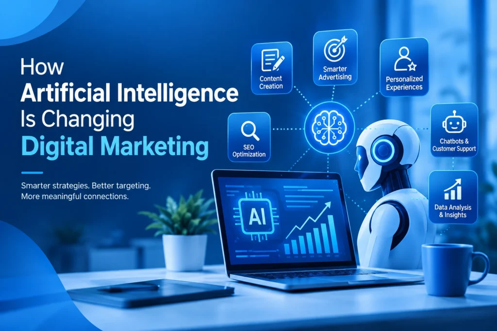 Blue-themed digital marketing blog cover showing an AI robot beside a laptop with analytics graphics, illustrating how artificial intelligence is transforming content creation, SEO, advertising, personalized experiences, chatbots, and data analysis.