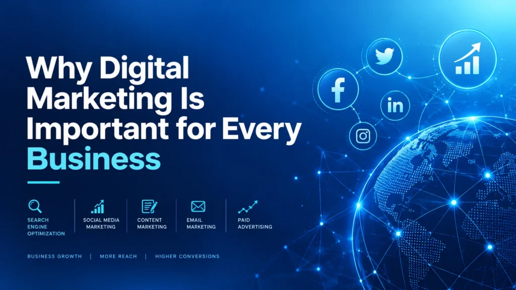 Blue digital marketing blog cover featuring a glowing digital globe connected to social media icons and growth analytics, highlighting why digital marketing is important for every business, including SEO, social media, content, email, and paid advertising.