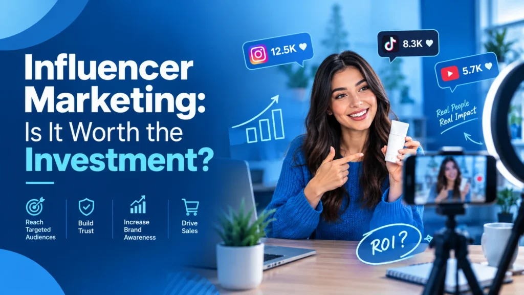 give me an alt text Alt text: Influencer marketing blog cover featuring a smiling content creator holding a skincare product in a blue studio, with social media engagement icons and graphics highlighting audience reach, brand trust, awareness, sales, and ROI.